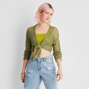 Future Collective Tie-Front Metallic Crochet Sweater Olive Green